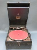 His Master's Voice c1930s wind up portable gramophone in black Rexine finish