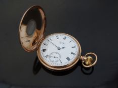 Waltham 9ct gold half hunter keyless winding pocket watch with inset subsidiary seconds dial,