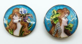 Two enamel buttons, one made into a brooch,