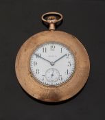 Elgin gold plated keyless winding open faced pocket watch with inset subsidiary seconds dial,