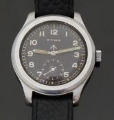 Cyma military issue wristwatch with luminous hands and dot markers, Arabic numerals,