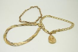 A plaited tri-coloured 9ct gold bracelet, 9ct rose gold bracelet and a curb link bracelet, 14.
