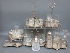 Six various silver plated cruet or bottle stands and glasses