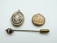 A Victorian stick pin set with a band agate cabochon and two diamonds and two Victorian lockets