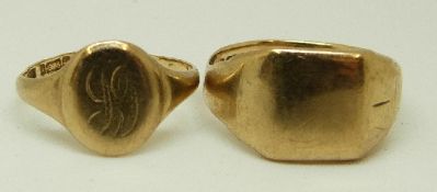 Two 9ct gold signet rings, size O, 4.8g, K/L, 1.