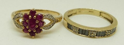 A 9ct gold half eternity ring set with black and colourless diamonds and a 9ct gold ring set with