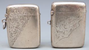 Two Edward VII hallmarked silver vesta cases with engraved decoration,