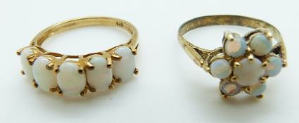 A 9ct gold ring set with five opals and a gilt ring set with opals in a cluster size N, 1.9g, M, 2.
