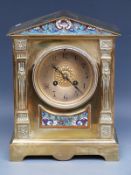 S Marti c1910 mantel clock in architectural-style brass case with enamelled inlay,