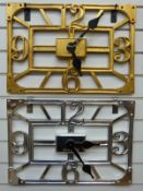 Two Newgate rectangular aluminium Arabic dialled garden / patio clocks in modern style, one brassed,
