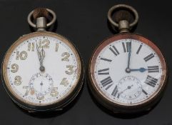 Two oversized keyless winding open faced pocket watches,