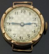 Swiss 9ct gold wristwatch with blued hands, black Arabic numerals,