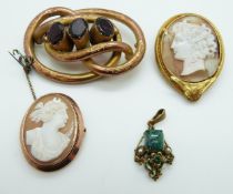A pinchbeck brooch set with a cameo, Victorian knot brooch,