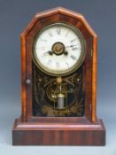New Haven USA 'postman's alarm' shelf clock, the brass movement with faux mercury pendulum bob,