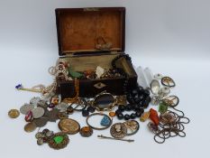 A collection of jewellery including French jet beads, Victorian brooches,
