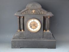 A D Mougin 19thC French slate mantel clock in classical-style case with reeded columns,