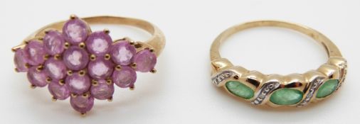 A 9ct gold ring set with emeralds and diamonds and a 9ct gold ring set with pink sapphires, size R,