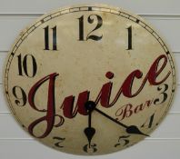 Newgate quartz advertising enamelled wall clock for 'Juice Bar' in distressed look finish,