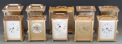 Ten brass and brass effect quartz carriage clocks to include Ingersoll, J Weir & Son,