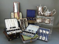 Twenty cased sets of silver plated teaspoons, cased nut set,