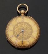 J & J Hargreaves 18ct gold open faced pocket watch with blued hands, Roman numerals,