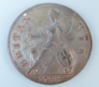 George II 1738 halfpenny young cuirassed bust, VF,