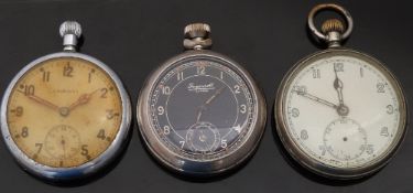 Three military keyless winding pocket watches comprising Leonidas with marked 'G.S.T.P. N.