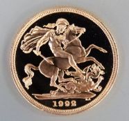 1992 cased proof gold full sovereign with certificate No.