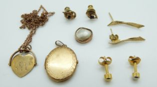 A 9ct gold locket, a pair of 9ct gold earrings, 9ct gold pendant, pearl cabochon etc, 4.