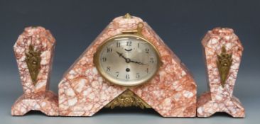 SMS pink marble Art Deco clock garniture, the oval Arabic dial with beetle and poker style hands,
