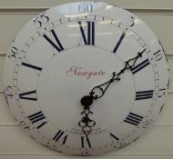 Newgate quartz enamel caseless wall clock with white dial, Roman numerals and Arabic minutes,