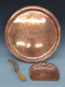 A large hand beaten copper tray and an Art Nouveau crumb tray and brush,