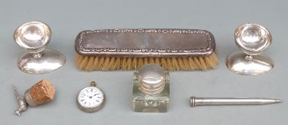 A pair of German white metal egg cups marked 800, 99g, Eversharp pencil marked sterling silver,