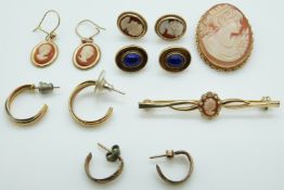 A 9ct gold brooch/pendant set with a cameo, cameo earrings,