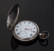 Omega silver keyless winding half hunter pocket watch with inset subsidiary seconds dial,