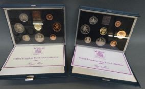 Two UK Royal Mint proof coin collections in deluxe case with certificates,