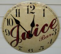 Newgate quartz advertising enamelled wall clock for 'Juice Bar' in distressed look finish,