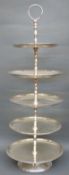 A silver plated five tier cake stand with loop handle,