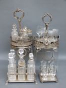 Two silver plated cruet sets and a further two stands with glasses
