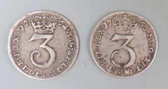 George III 1762 threepence together with a 1763 example,