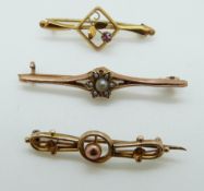 Three 9ct gold brooches, one set with seed pearls, 3.