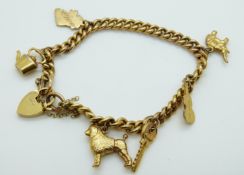 An 18ct gold bracelet with six 9ct gold charms including an elephant, dog, cello, key etc,