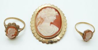 A 9ct gold brooch set with a cameo and two 9ct gold rings set with cameos (13.