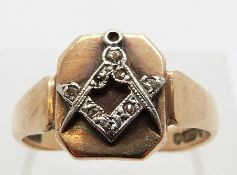 A 9ct gold signet ring set with diamonds in a Masonic design, size R, 3.