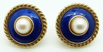 A pair of 18ct gold earrings each set with blue guilloché enamel and a pearl 15.