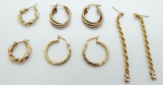 Three pairs of 9ct gold hoop earrings and a pair of 9ct gold rope twist earrings,