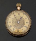 9ct gold keyless winding open faced pocket watch with blued hands, Roman numerals,