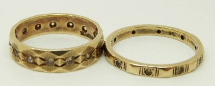 Two 9ct gold eternity rings set with paste, size P, 2.3g, M, 3.