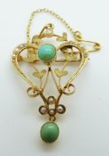 Art Nouveau 9ct gold pendant/ brooch set with seed pearls and turquoise,