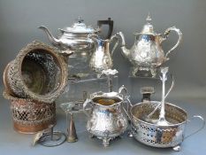 Two silver plated wine coasters, chamber stick, tea set,